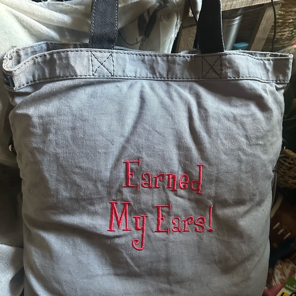 THIRTY ONE GC Gray Canvas Tote with Pink Embroidered 'Earned My Ears!'